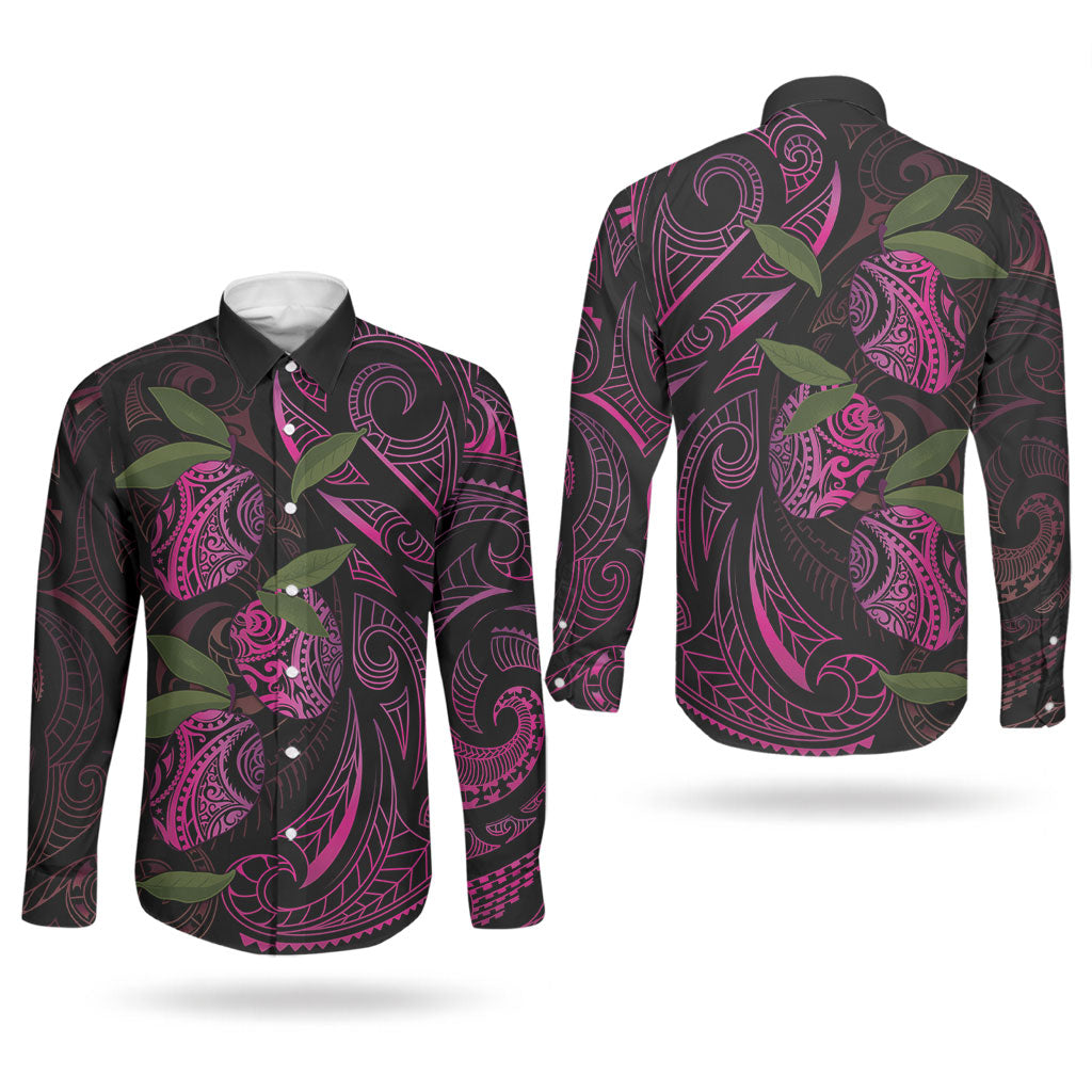 Hawaiian Mango Tribal Tattoo Couples Matching Short Sleeve Bodycon Dress and Long Sleeve Button Shirt Pink Pacific Traditional Pattern