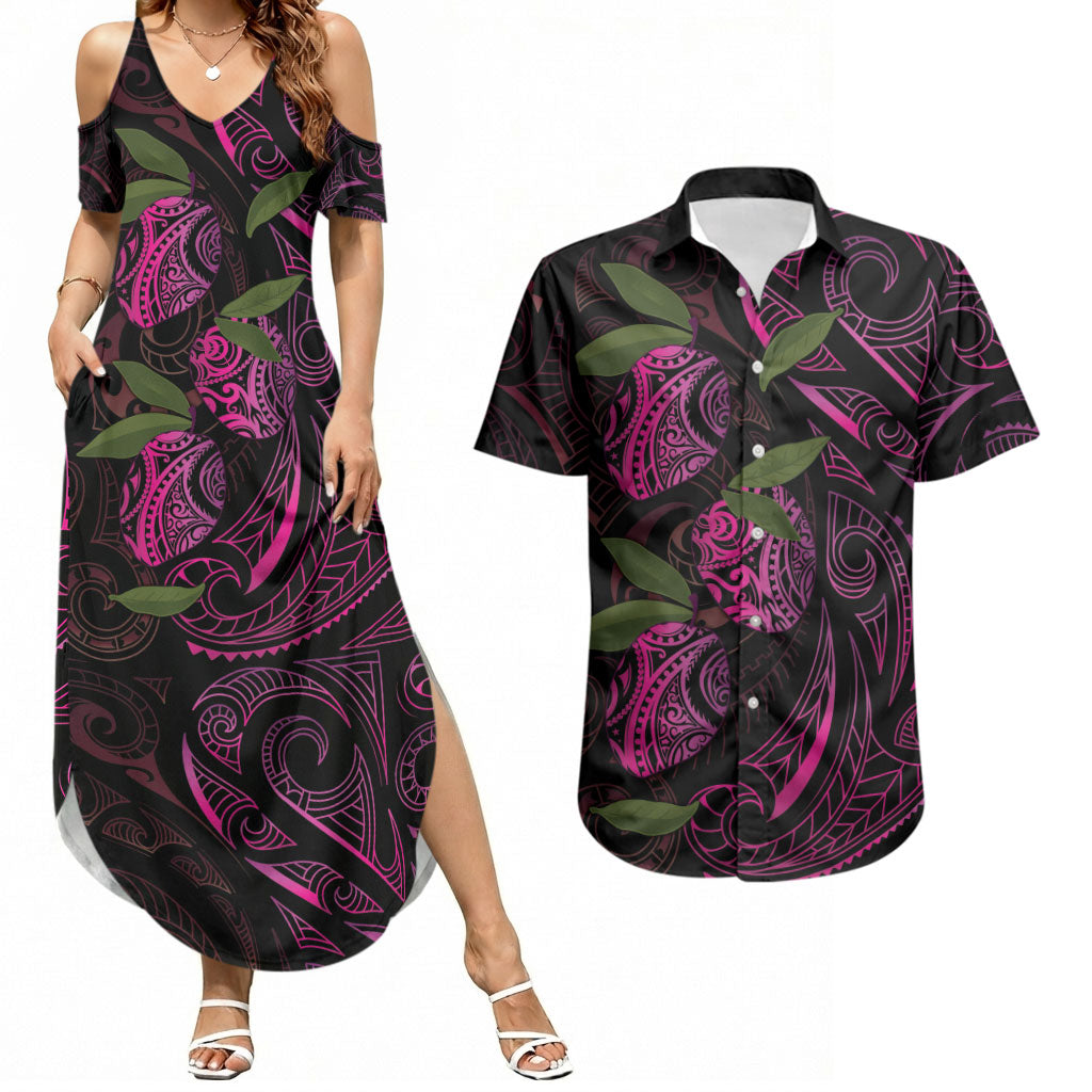 Hawaiian Mango Tribal Tattoo Couples Matching Summer Maxi Dress and Hawaiian Shirt Pink Pacific Traditional Pattern