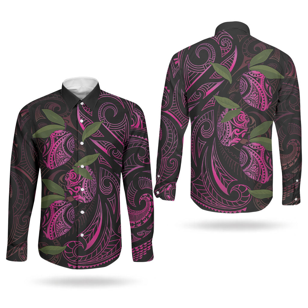 Hawaiian Mango Tribal Tattoo Couples Matching Summer Maxi Dress and Long Sleeve Button Shirt Pink Pacific Traditional Pattern
