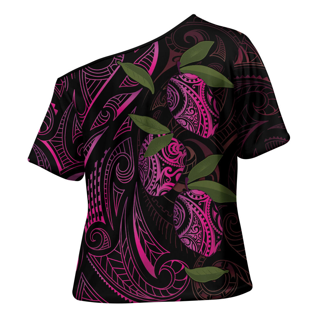 Hawaiian Mango Tribal Tattoo Cross Shoulder Shirt Pink Pacific Traditional Pattern