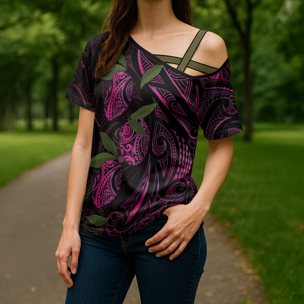 Hawaiian Mango Tribal Tattoo Cross Shoulder Shirt Pink Pacific Traditional Pattern