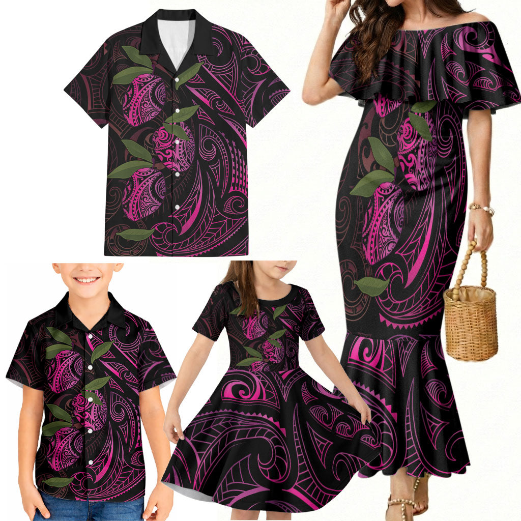 Hawaiian Mango Tribal Tattoo Family Matching Mermaid Dress and Hawaiian Shirt Pink Pacific Traditional Pattern
