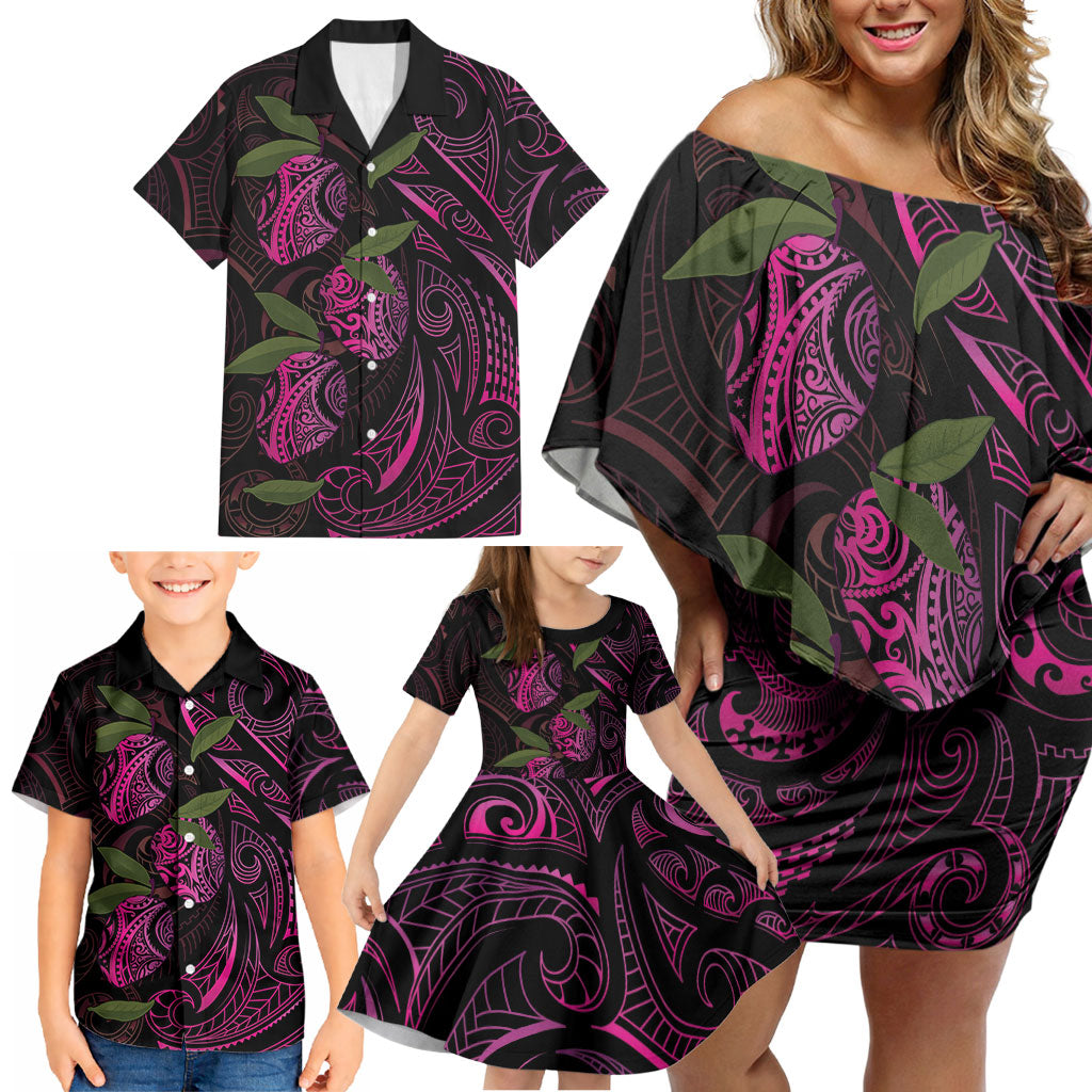 Hawaiian Mango Tribal Tattoo Family Matching Off Shoulder Short Dress and Hawaiian Shirt Pink Pacific Traditional Pattern