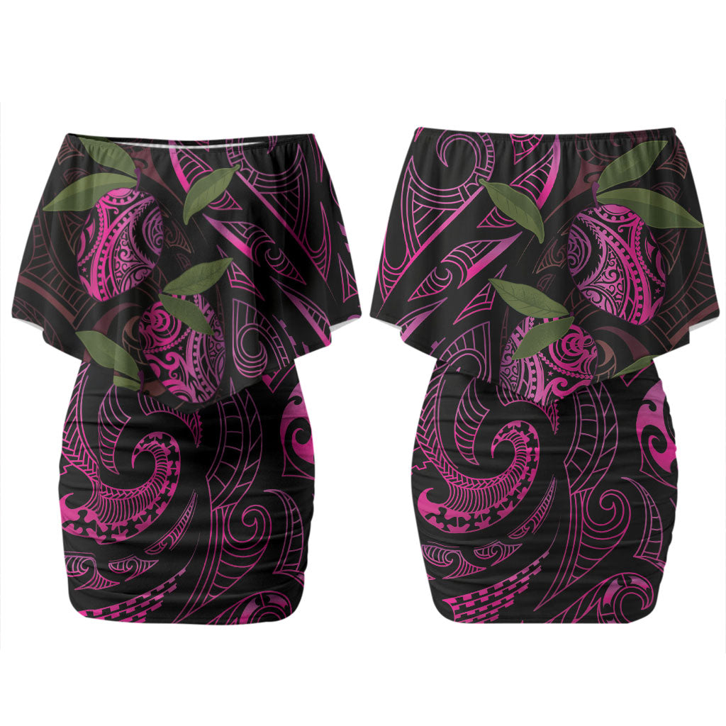 Hawaiian Mango Tribal Tattoo Family Matching Off Shoulder Short Dress and Hawaiian Shirt Pink Pacific Traditional Pattern