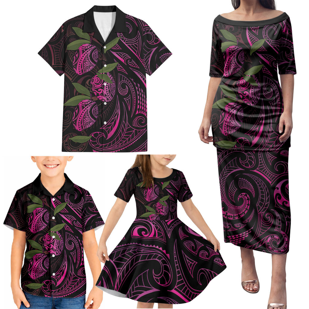 Hawaiian Mango Tribal Tattoo Family Matching Puletasi and Hawaiian Shirt Pink Pacific Traditional Pattern