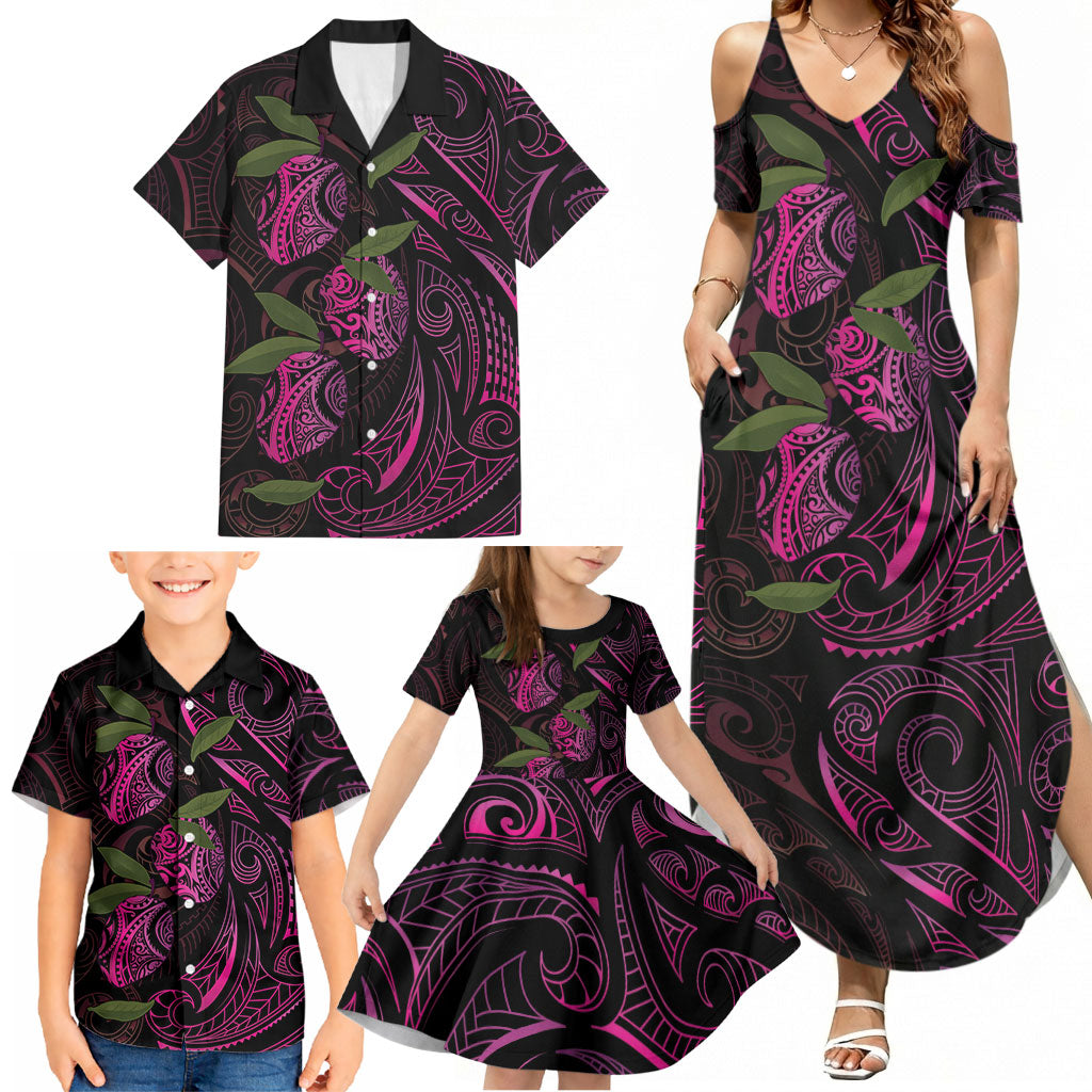 Hawaiian Mango Tribal Tattoo Family Matching Summer Maxi Dress and Hawaiian Shirt Pink Pacific Traditional Pattern