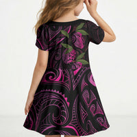 Hawaiian Mango Tribal Tattoo Kid Short Sleeve Dress Pink Pacific Traditional Pattern