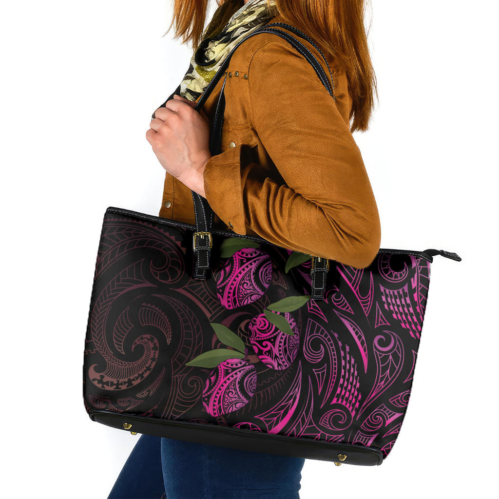 Hawaiian Mango Tribal Tattoo Leather Tote Bag Pink Pacific Traditional Pattern