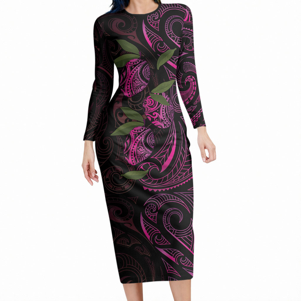 Hawaiian Mango Tribal Tattoo Long Sleeve Bodycon Dress Pink Pacific Traditional Pattern