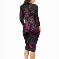 Hawaiian Mango Tribal Tattoo Long Sleeve Bodycon Dress Pink Pacific Traditional Pattern