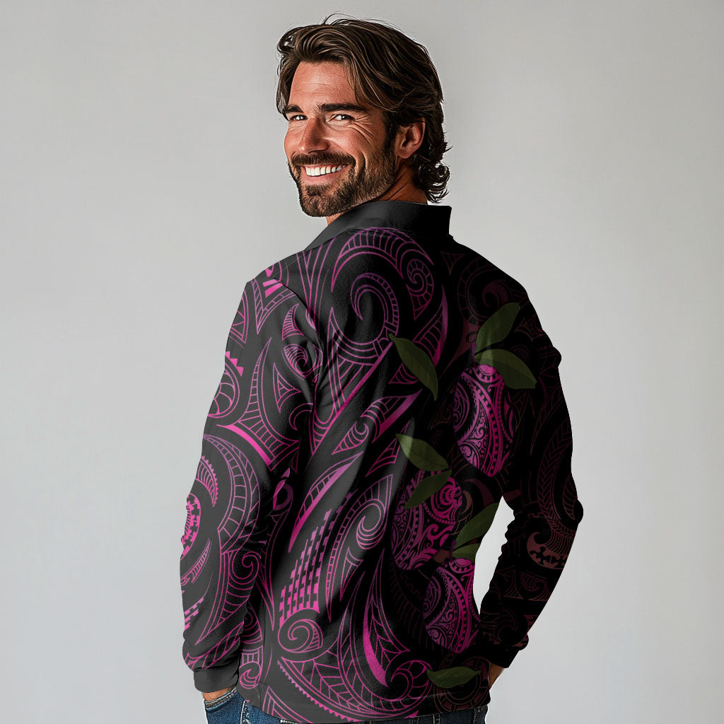 Hawaiian Mango Tribal Tattoo Long Sleeve Polo Shirt Pink Pacific Traditional Pattern