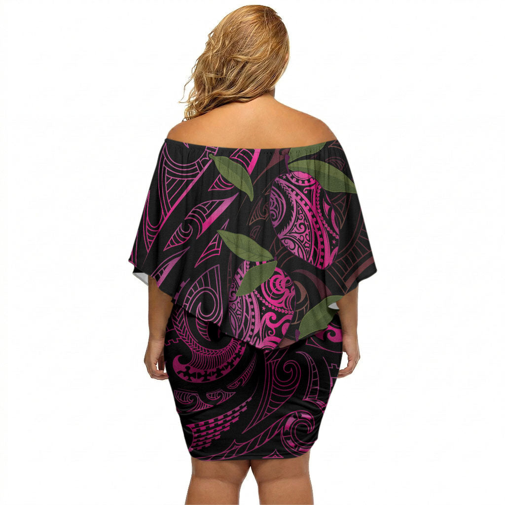 Hawaiian Mango Tribal Tattoo Off Shoulder Short Dress Pink Pacific Traditional Pattern