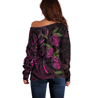 Hawaiian Mango Tribal Tattoo Off Shoulder Sweater Pink Pacific Traditional Pattern