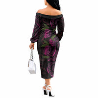 Hawaiian Mango Tribal Tattoo Off The Shoulder Long Sleeve Dress Pink Pacific Traditional Pattern
