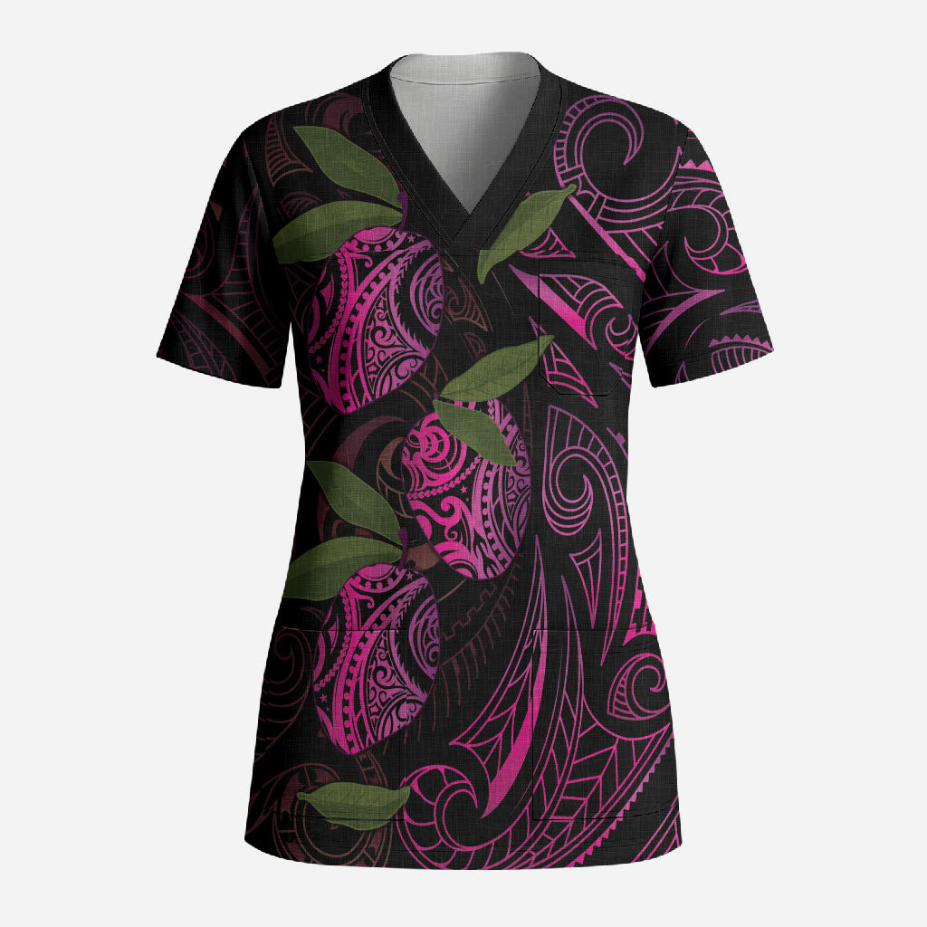 Hawaiian Mango Tribal Tattoo Scrub Top Pink Pacific Traditional Pattern