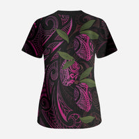 Hawaiian Mango Tribal Tattoo Scrub Top Pink Pacific Traditional Pattern
