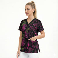 Hawaiian Mango Tribal Tattoo Scrub Top Pink Pacific Traditional Pattern