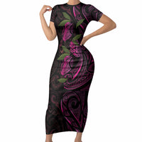 Hawaiian Mango Tribal Tattoo Short Sleeve Bodycon Dress Pink Pacific Traditional Pattern