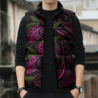 Hawaiian Mango Tribal Tattoo Sleeveless Puffer Jacket Pink Pacific Traditional Pattern