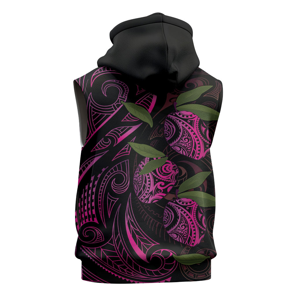Hawaiian Mango Tribal Tattoo Sleeveless Zip Hoodie Pink Pacific Traditional Pattern