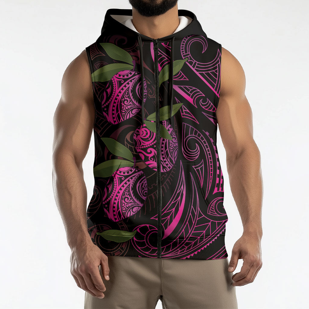 Hawaiian Mango Tribal Tattoo Sleeveless Zip Hoodie Pink Pacific Traditional Pattern