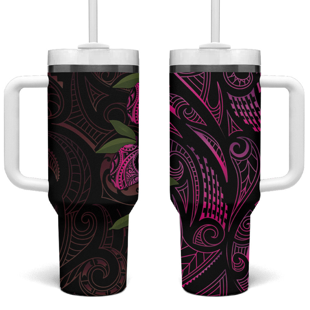 Hawaiian Mango Tribal Tattoo Tumbler With Handle Pink Pacific Traditional Pattern