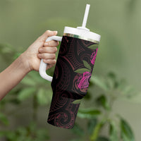 Hawaiian Mango Tribal Tattoo Tumbler With Handle Pink Pacific Traditional Pattern