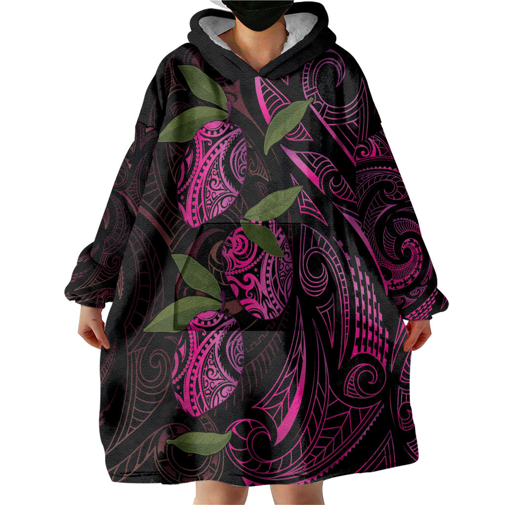 Hawaiian Mango Tribal Tattoo Wearable Blanket Hoodie Pink Pacific Traditional Pattern