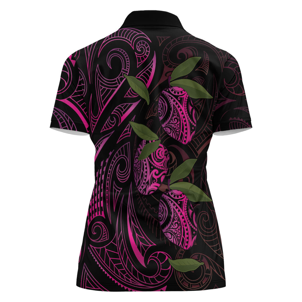 Hawaiian Mango Tribal Tattoo Women Polo Shirt Pink Pacific Traditional Pattern