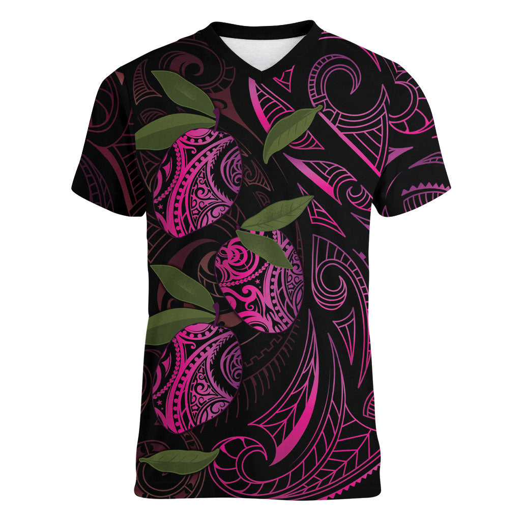 Hawaiian Mango Tribal Tattoo Women V-Neck T-Shirt Pink Pacific Traditional Pattern