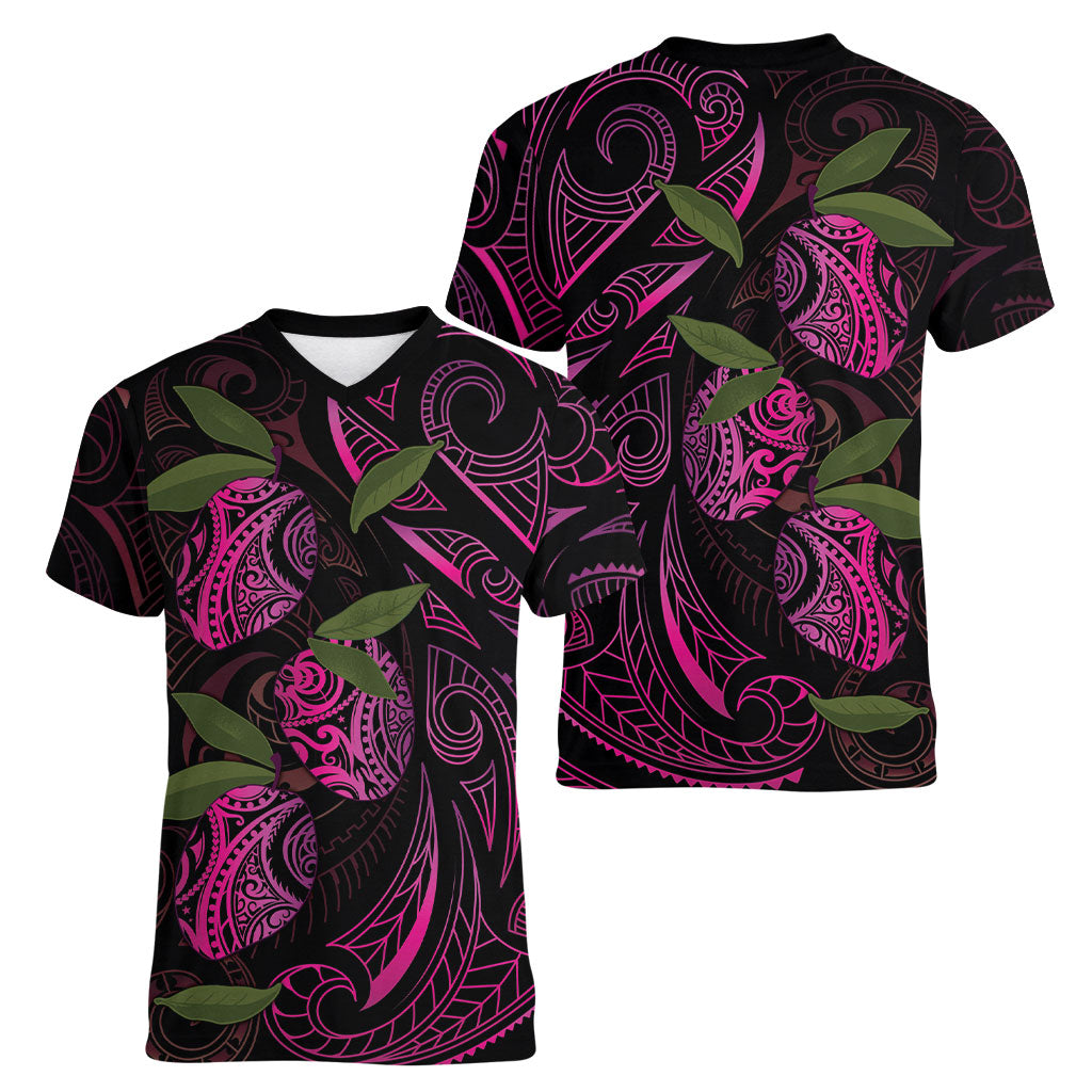 Hawaiian Mango Tribal Tattoo Women V-Neck T-Shirt Pink Pacific Traditional Pattern