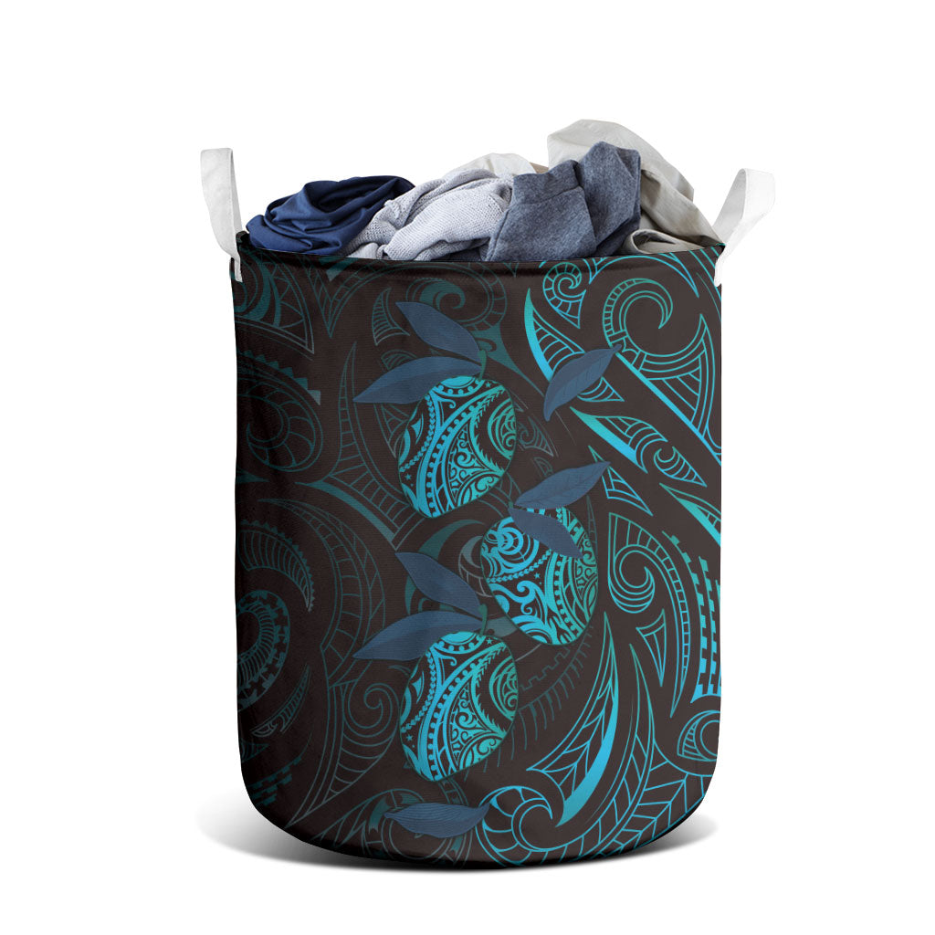 Hawaiian Mango Tribal Tattoo Laundry Basket Teal Pacific Traditional Pattern