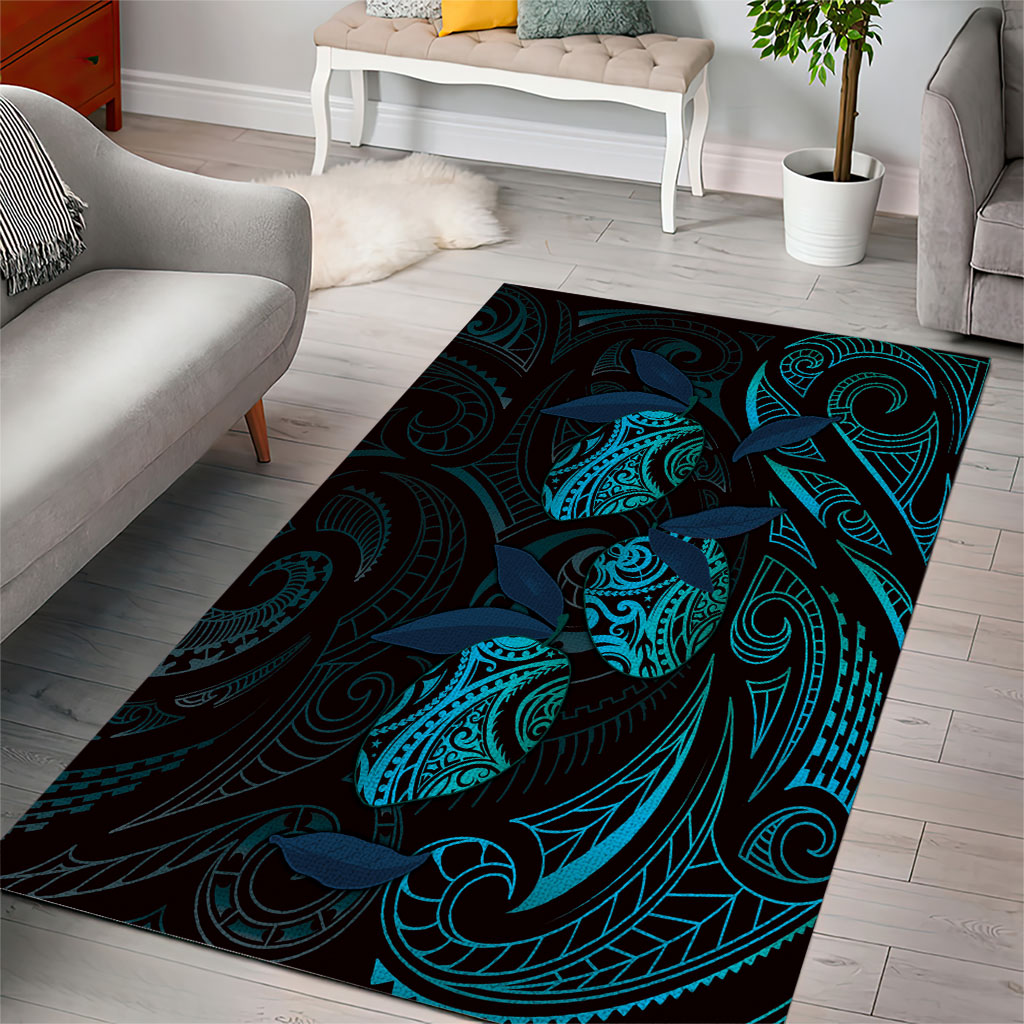 Hawaiian Mango Tribal Tattoo Area Rug Teal Pacific Traditional Pattern