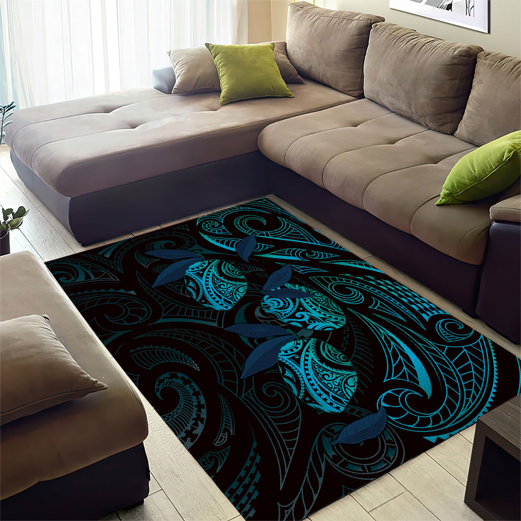 Hawaiian Mango Tribal Tattoo Area Rug Teal Pacific Traditional Pattern