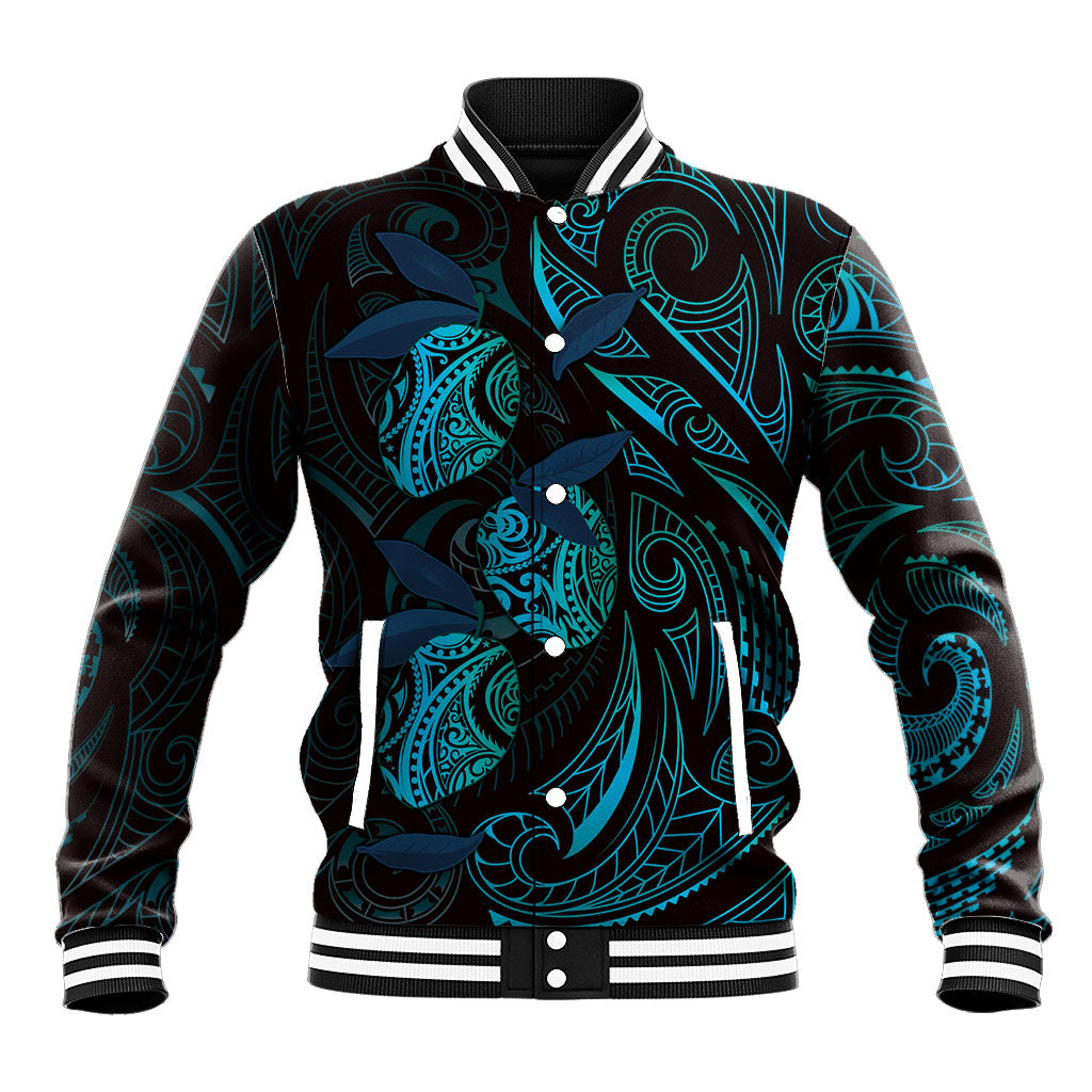 Hawaiian Mango Tribal Tattoo Baseball Jacket Teal Pacific Traditional Pattern