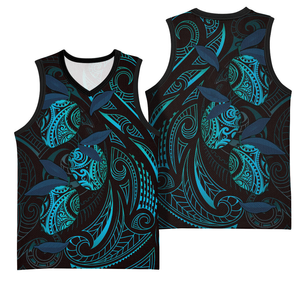 Hawaiian Mango Tribal Tattoo Basketball Jersey Teal Pacific Traditional Pattern