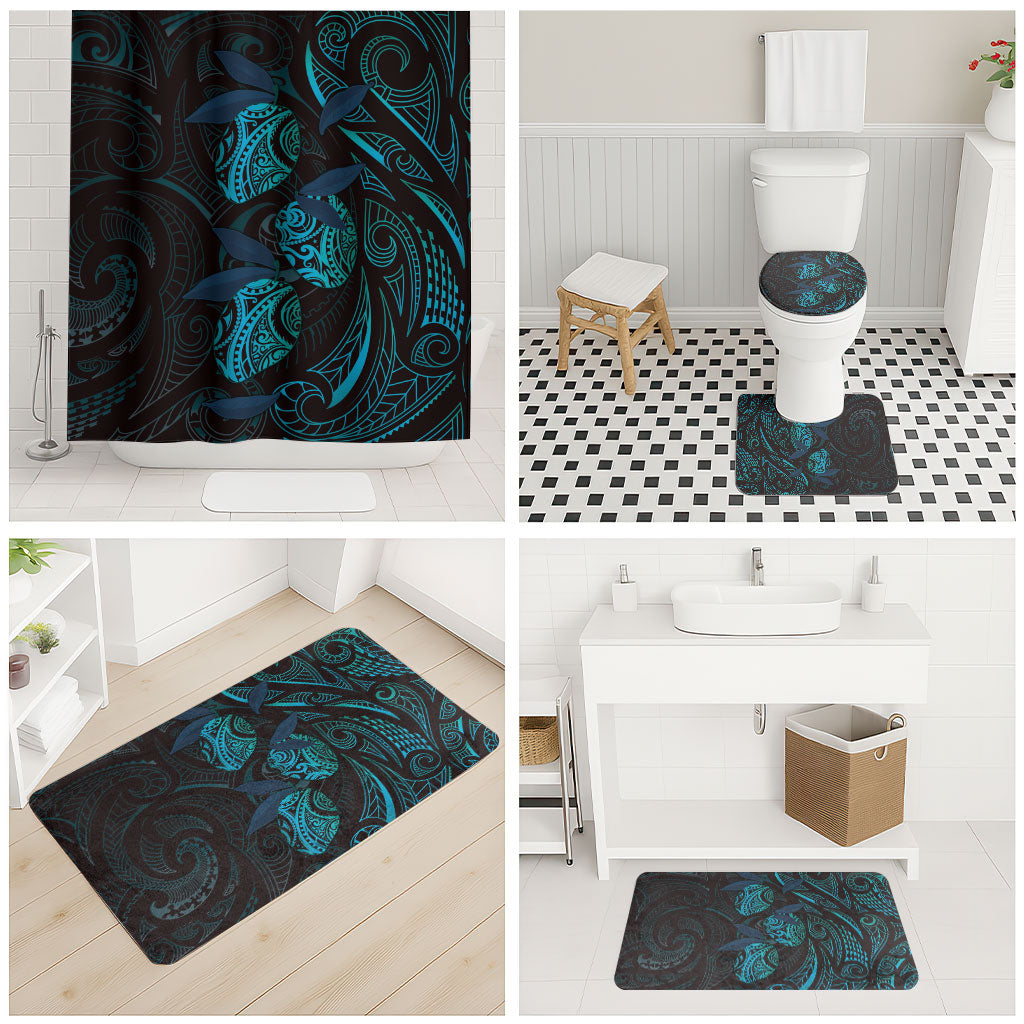 Hawaiian Mango Tribal Tattoo Bathroom Set Teal Pacific Traditional Pattern