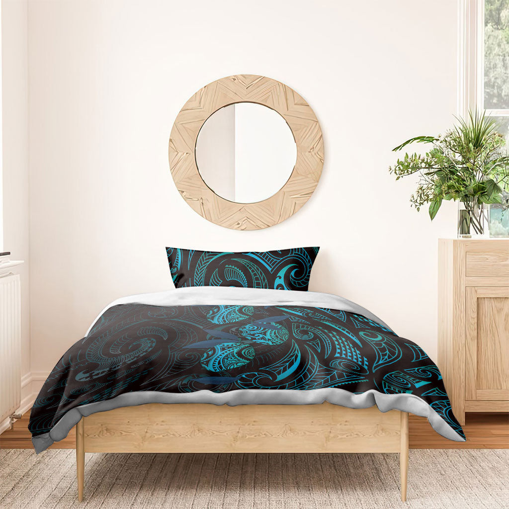 Hawaiian Mango Tribal Tattoo Bedding Set Teal Pacific Traditional Pattern