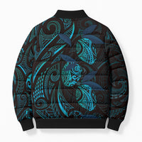 Hawaiian Mango Tribal Tattoo Bomber Puffer Jacket Teal Pacific Traditional Pattern