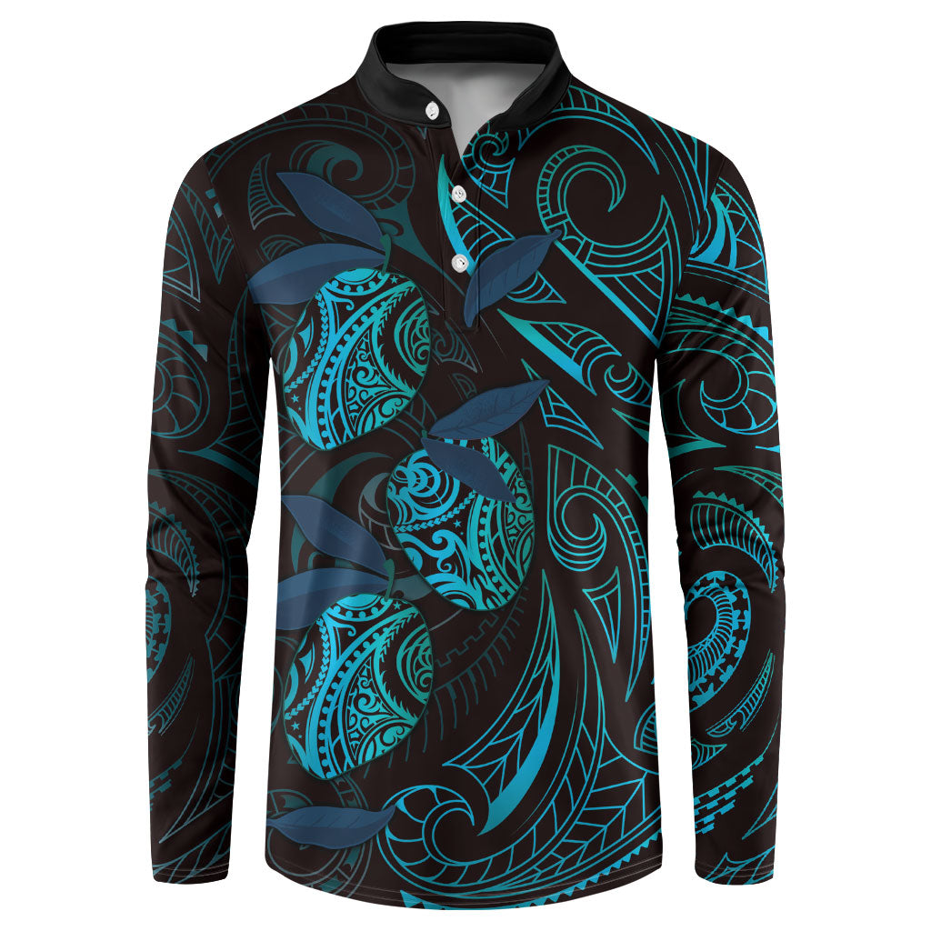 Hawaiian Mango Tribal Tattoo Button Sweatshirt Teal Pacific Traditional Pattern