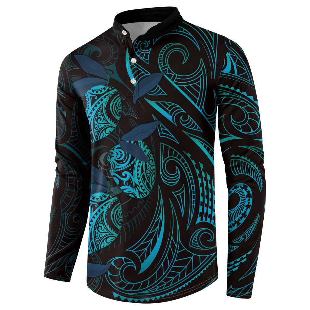 Hawaiian Mango Tribal Tattoo Button Sweatshirt Teal Pacific Traditional Pattern