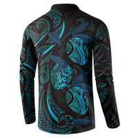 Hawaiian Mango Tribal Tattoo Button Sweatshirt Teal Pacific Traditional Pattern