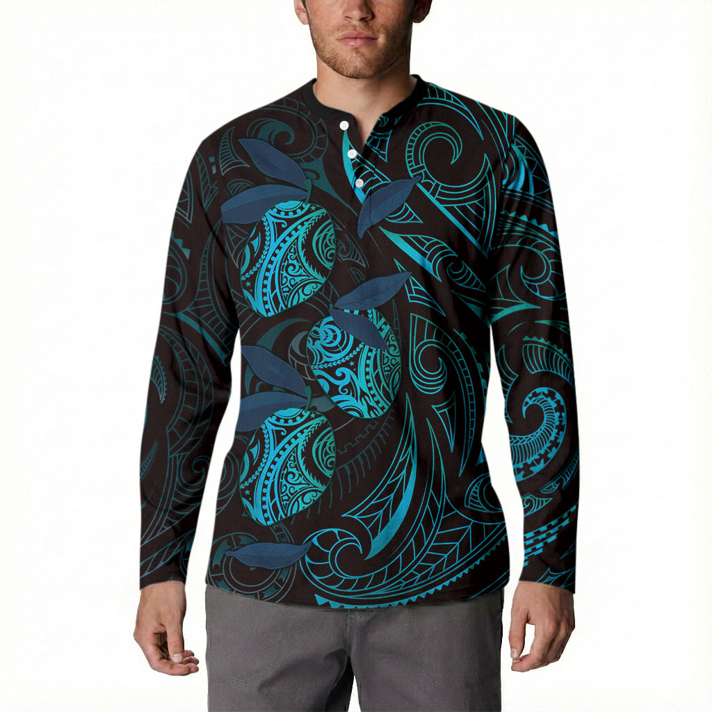 Hawaiian Mango Tribal Tattoo Button Sweatshirt Teal Pacific Traditional Pattern