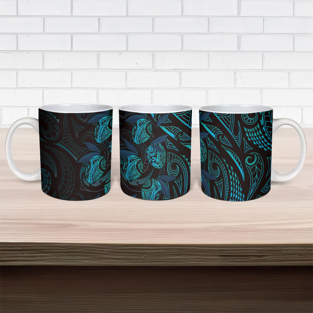 Hawaiian Mango Tribal Tattoo Ceramic Mug Teal Pacific Traditional Pattern