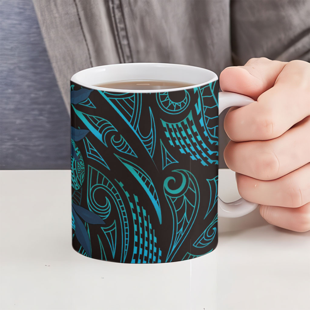 Hawaiian Mango Tribal Tattoo Ceramic Mug Teal Pacific Traditional Pattern