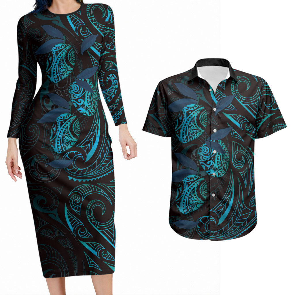 Hawaiian Mango Tribal Tattoo Couples Matching Long Sleeve Bodycon Dress and Hawaiian Shirt Teal Pacific Traditional Pattern