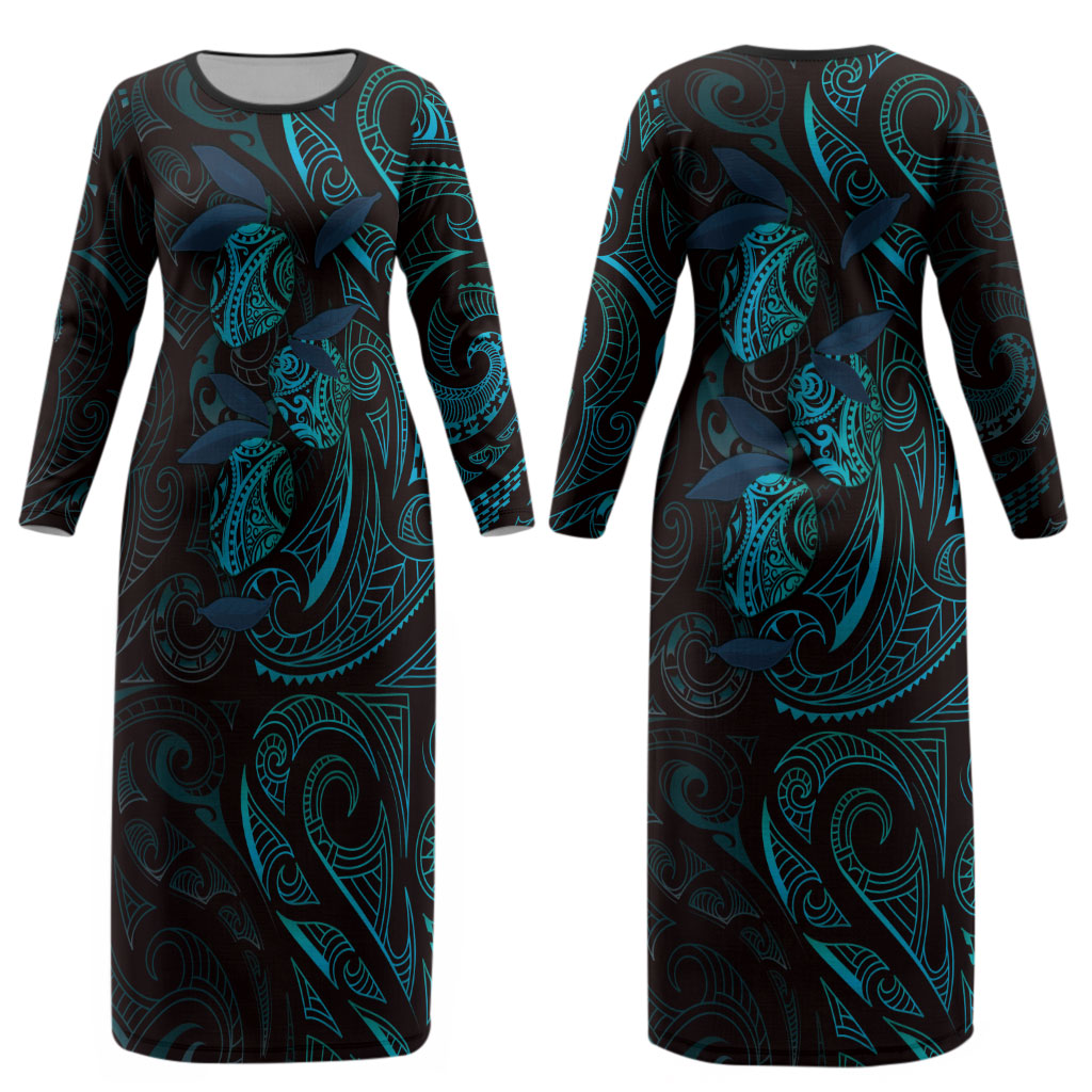 Hawaiian Mango Tribal Tattoo Couples Matching Long Sleeve Bodycon Dress and Hawaiian Shirt Teal Pacific Traditional Pattern