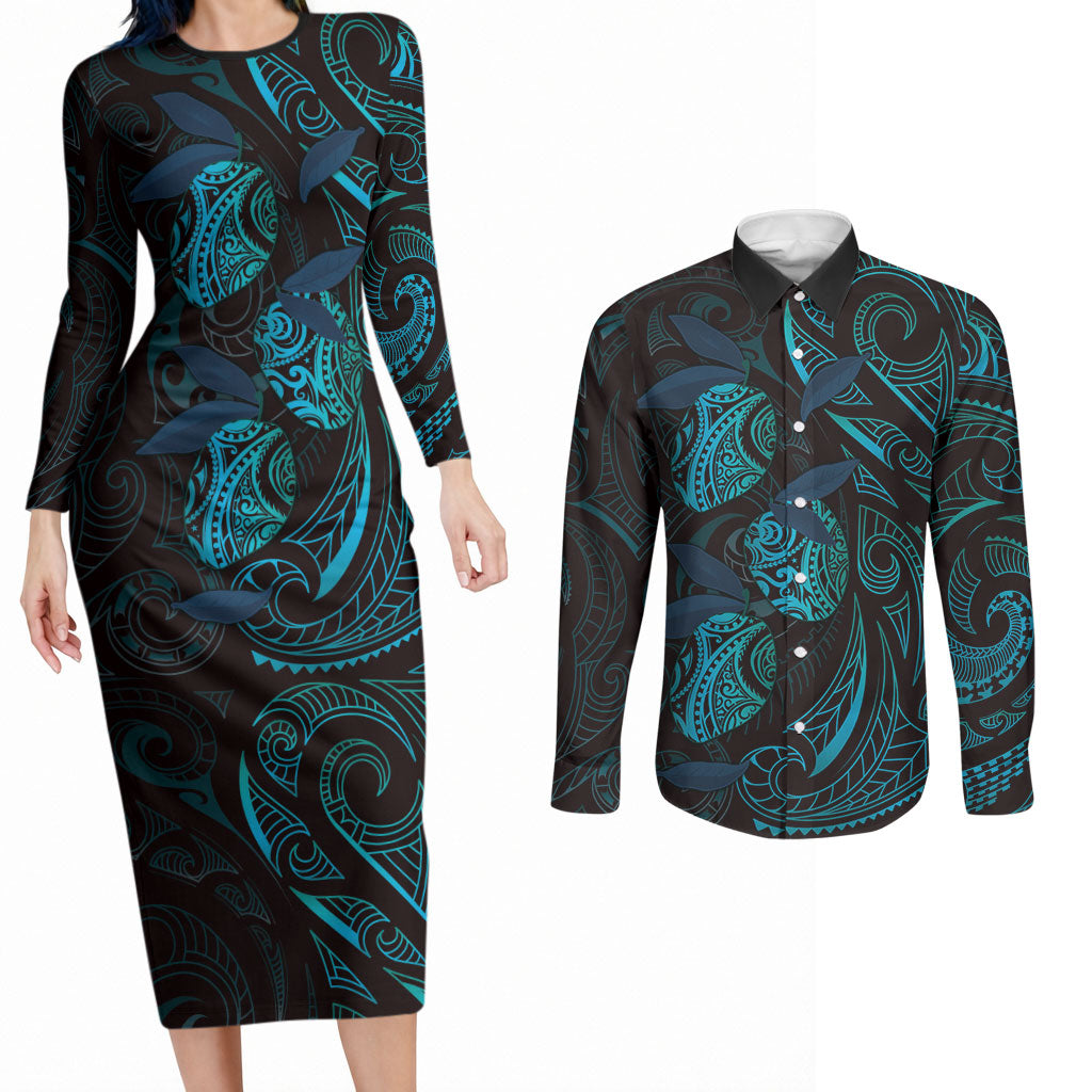 Hawaiian Mango Tribal Tattoo Couples Matching Long Sleeve Bodycon Dress and Long Sleeve Button Shirt Teal Pacific Traditional Pattern