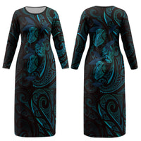 Hawaiian Mango Tribal Tattoo Couples Matching Long Sleeve Bodycon Dress and Long Sleeve Button Shirt Teal Pacific Traditional Pattern