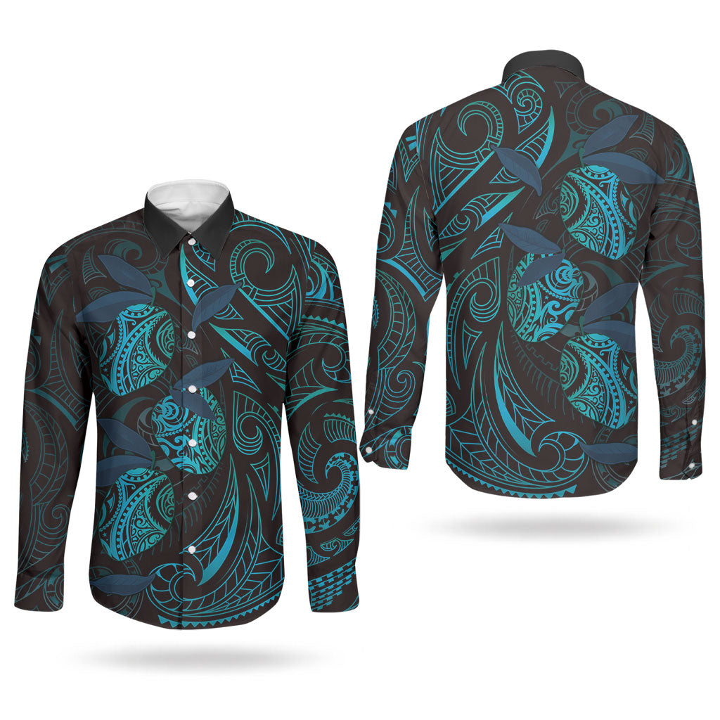 Hawaiian Mango Tribal Tattoo Couples Matching Mermaid Dress and Long Sleeve Button Shirt Teal Pacific Traditional Pattern